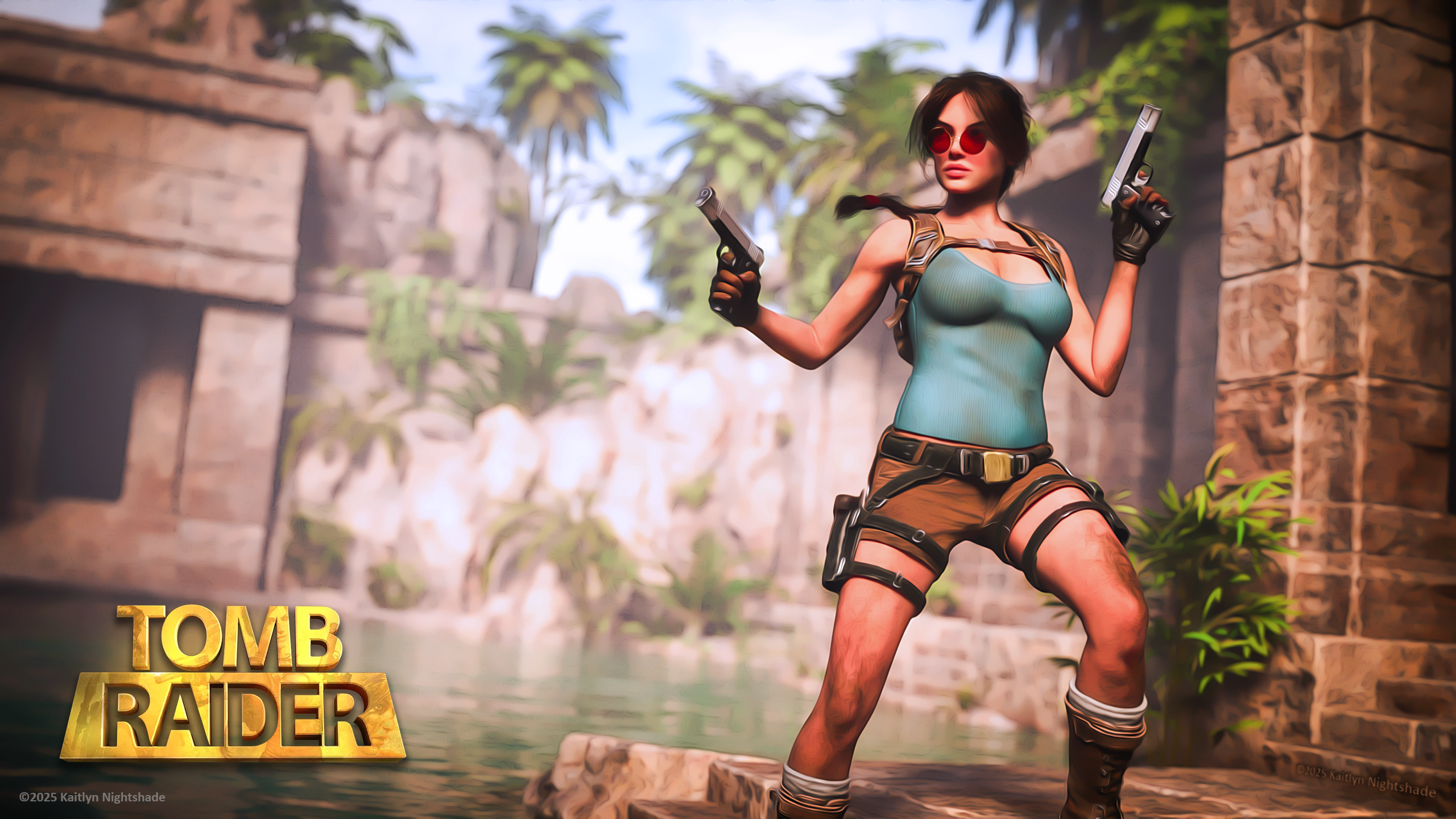 Lara Croft in the modernized version of her classic brown shorts and teal tank top, with red circular sunglasses stands outside by the water in some temple ruins with her pistols drawn.